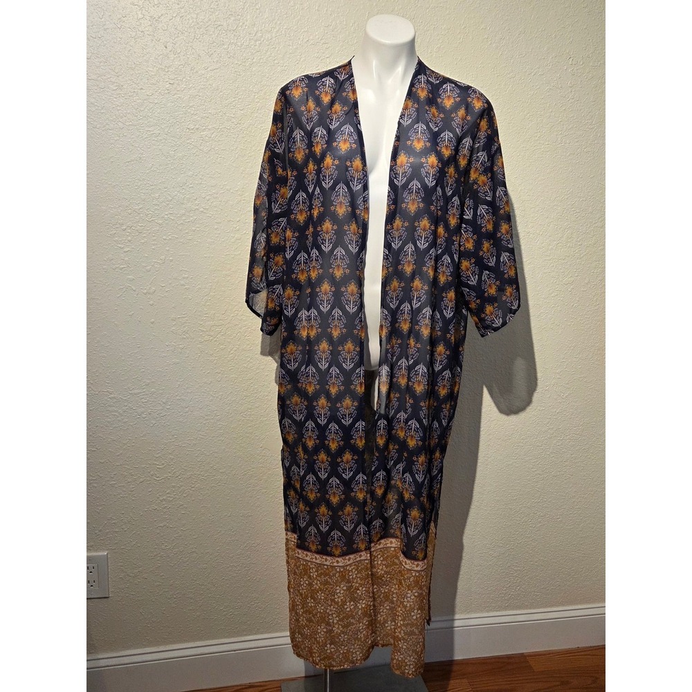 Sheer Floral Kimono Duster Navy Blue Gold Boho Open Front Swim Coverup One Size
